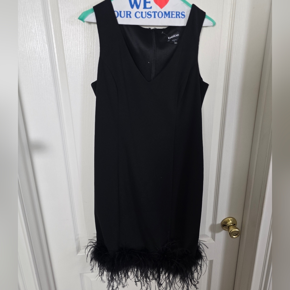BEBE Elegant Black‎ Sleeveless Feather Dress NWOT Size 12
